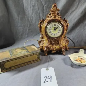Clock with a few chips works & Whitman's Metal Box