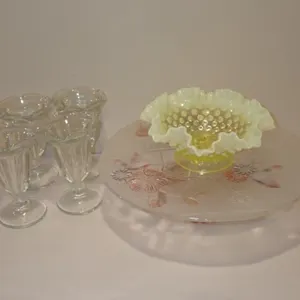 Vintage Fenton Yellow Milk Glass Hobnail Ruffled Candy Dish and more