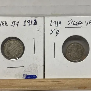 1913 and 1919 Canada silver 5 cent coins.
