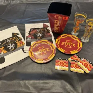 Iowa & Iowa State tailgate lot, beer glasses,