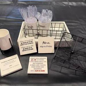 Plastic cutlery, wire tray, serving tray,