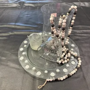 Glass plate, heart dish, candle holders, beaded