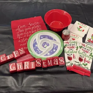 Merry Christmas blocks, holiday linens, plastic