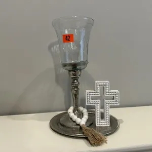 Silver tray, candleholder, cross, beaded tie