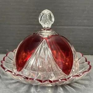 Clear & Ruby Red Glass Covered Butter Dish