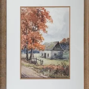 SYLVESTER STANNARD LOG CABIN IN AUTUMN WATERCOLOUR