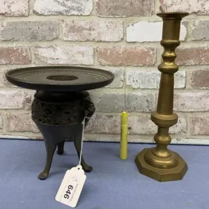 (2X) BRASS CANDLESTICK, 13.5" & BRONZE VASE