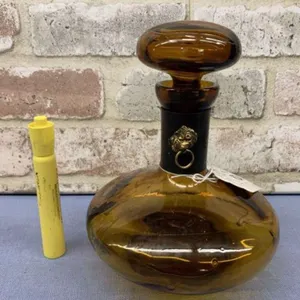 VINTAGE AMBER GLASS DECANTER WITH LEATHER
