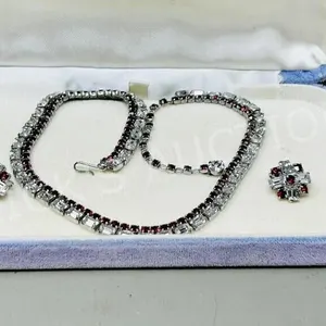 Sherman necklace and earrings - red & clear stones