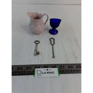 Antiques (Cobalt Blue Glass Eye Wash Cup, Button Hook & Skeleton Key), Japanese Creamer