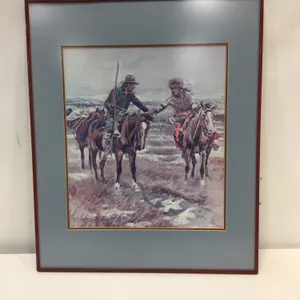 Artwork with Cowboy shaking hand of Native on Horseback by CMRussell 20.25"w x 24.25"h