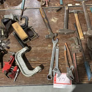 Hand tools, pipe wrench, sledges, wrenches, wheel puller, small vise, and more