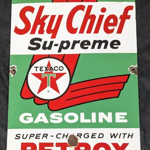 1962 PORCELAIN GAS PUMP SIGN TEXACO SKY CHIEF SU-PREME GASOLINE WITH PETROX