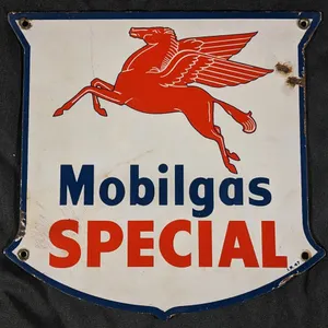 1947 GAS PUMP SIGN MOBIL MOBILGAS SPECIAL GASOLINE