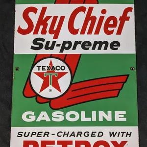 1961 PORCELAIN GAS PUMP SIGN TEXACO SKY CHIEF GASOLINE WITH PETROX