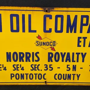 PORCELAIN OIL LEASE SIGN SUN OIL COMPANY SUNOCO NORRIS ROYALTY PONTOTOC COUNTY (OKLAHOMA)
