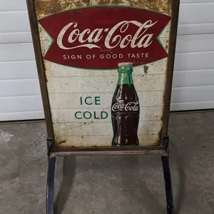 TIN CURB SIDEWALK SIGN ICE COLD COCA COLA SIGN OF GOOD TASTE "FISHTAIL"