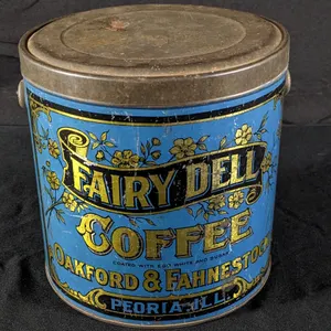 5# TIN LITHO COFFEE CAN FAIRY DELL OAKFORD & FAHNESTOCK PEORIA ILLINOIS