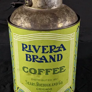 5# TIN LITHO CREAM CAN SHAPED COFFEE CAN RIVERA BRAND SEARS & ROEBUCK CHICAGO ILLINOIS