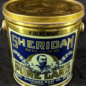 4# TIN LITHO CAN (GENERAL) SHERIDAN BRAND OPEN KETTLE RENDERED PURE LARD SHERIDAN MEAT CO WYOMING