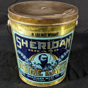 8# TIN LITHO CAN (GENERAL) SHERIDAN BRAND OPEN KETTLE RENDERED PURE LARD SHERIDAN MEAT CO WYOMING