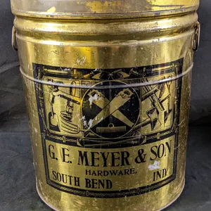 VERY UNUSUAL 50# TIN LITHO LARD TIN CAN G.E. MEYER & SON HARDWARE SOUTH BEND INDIANA