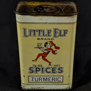 1 1/2 OZ TIN LITHO SPICE CAN LITTLE ELF BRAND SPICES TURMERIC G.E. BURSLEY & CO FORT WAYNE & ELKHART