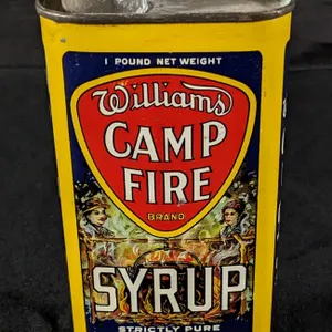1# TIN LITHO CAN WILLIAMS CAMPFIRE BRAND SYRUP KANSAS CITY MISSOURI