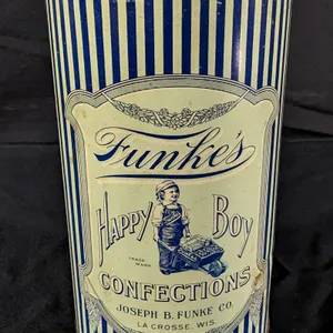 TIN LITHO CANDY CAN FUNKE'S HAPPY BOY CONFECTIONS JOSEPH B FUNKE LA CROSSE WISCONSIN