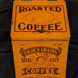 5# TIN LITHO BIN CAN GOLDEN GRAINS STEEL CUT COFFEE GATEWAY GROCERY CO LA CROSSE WISCONSIN