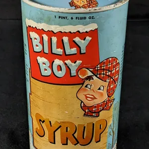 1 PINT 6 OZ TIN LITHO CAN BOTTLE BILLY BOY SYRUP WM BARNES MINNEAPOLIS MINNESOTA