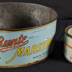 10 OZ & 5# TIN LITHO MARSHMALLOW CANS BUNTE & ANGELUS CHICAGO ILLINOIS