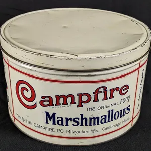 5# TIN LITHO CAN CAMPFIRE MARSHMALLOWS MILWAUKEE WISCONSIN & CAMBRIDGE MASSACHUSSETTS