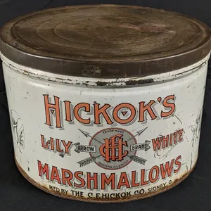 10# TIN LITHO CAN HICKOK'S LILY WHITE MARSHMALLOWS SIDNEY OHIO