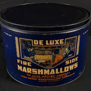 10# TIN LITHO CAN DE LUXE FIRESIDE MARSHMALLOWS CHICAGO ILLINOIS PITTSBURGH PENNSYLVANIA
