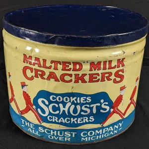 TIN LITHO CAN SCHUST'S MALTED MILK CRACKERS MICHIGAN