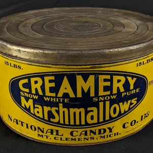 15# TIN LITHO CAN CREAMERY SNOW WHITE MARSHMALLOWS NATIONAL CANDY CO MT CLEMENS MICHIGAN