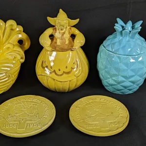 6 PIECES ASSORTED RED WING COOKIE JARS TRIVETS CASSEROLE MID CENTURY MODERN MCM