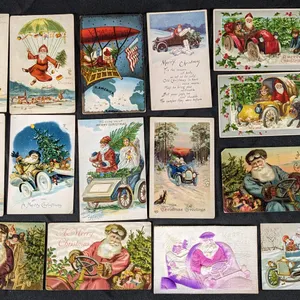 15 ANTIQUE AUTOMOBILE & AIRSHIP SANTA CLAUS CHRISTMAS POST CARDS