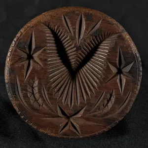 ANTIQUE PRIMITIVE CARVED WOOD BUTTER PRINT MOLD STAMP STARS & LEAF