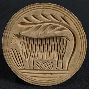 ANTIQUE PRIMITIVE CARVED WOOD BUTTER PRINT MOLD STAMP SHEEP
