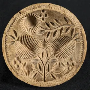 ANTIQUE PRIMITIVE CARVED WOOD BUTTER PRINT MOLD STAMP FLOWER
