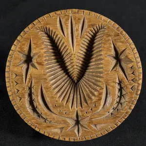 ANTIQUE PRIMITIVE CARVED WOOD BUTTER PRINT MOLD STAMP TULIP & STARS