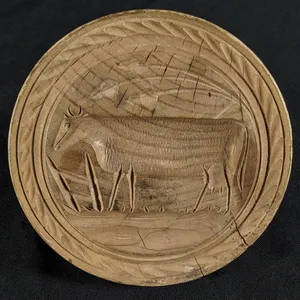 ANTIQUE PRIMITIVE CARVED WOOD BUTTER PRINT MOLD STAMP DAIRY COW