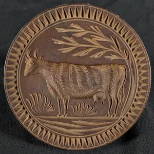 ANTIQUE PRIMITIVE CARVED WOOD BUTTER PRINT MOLD STAMP DAIRY COW