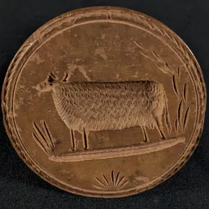ANTIQUE PRIMITIVE CARVED WOOD BUTTER PRINT MOLD STAMP DAIRY COW OR GOAT/SHEEP