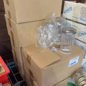 Lot of New Glass Cheese/Sugar Shakers – Stainless Lids, Multiple Full Boxes (Restaurant Tabletop)