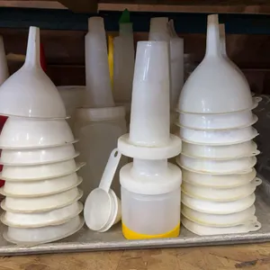 Lot of Plastic Funnels, Pour Spouts, Bar/Prep Containers & Measuring Scoops