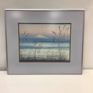 Artwork of mountain and birds on sandbar through weeds 24.25”w x 20.25”h