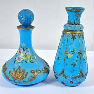 Vintage Handpainted Opaline Glass Decanter & Vase